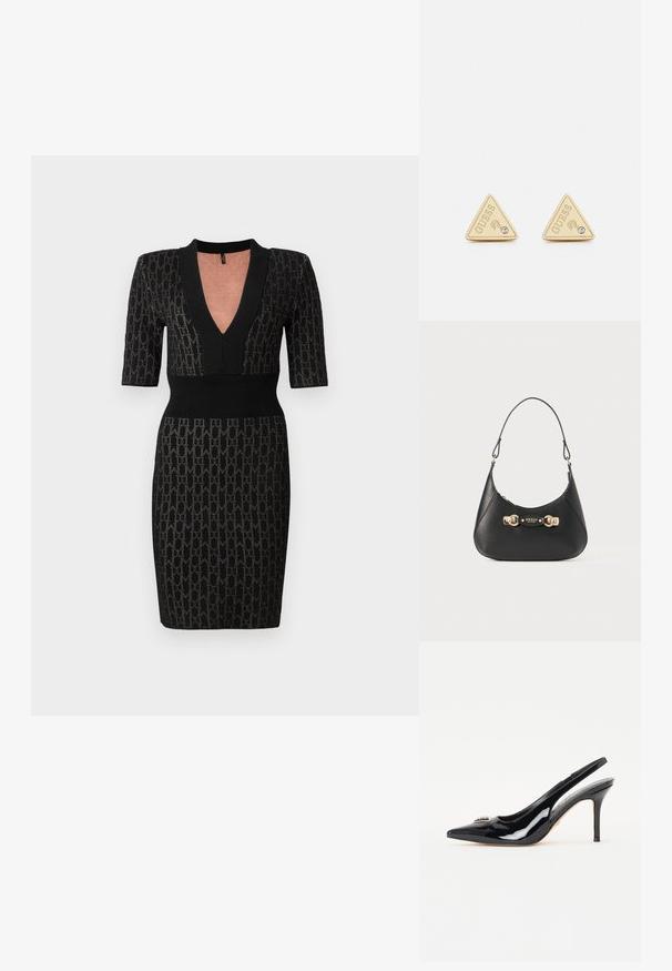 Schwarzes Strickkleid mit tiefem V-Ausschnitt, kurzen Ärmeln und tailliertem Oberteil. Verfügt über ein strukturiertes Muster und gerippte Akzente am Ausschnitt und der Taille.; Schwarze Lackleder-Slingback-Pumps mit spitzer Zehenpartie, schlankem Stiletto-Absatz und dekorativer Verzierung auf dem Vorderblatt.; Schwarze Lederhandtasche mit einer geschwungenen Silhouette, ausgestattet mit einem oberen Griff, goldfarbenen Beschlägen und einer Logo-Plakette an der Vorderseite. Glatte Textur.; Guess PARTY - Ohrringe - gold-coloured