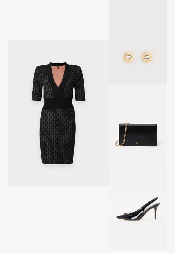 Schwarzes Strickkleid mit tiefem V-Ausschnitt, kurzen Ärmeln und tailliertem Oberteil. Verfügt über ein strukturiertes Muster und gerippte Akzente am Ausschnitt und der Taille.; Schwarze Lackleder-Slingback-Pumps mit spitzer Zehenpartie, schlankem Stiletto-Absatz und dekorativer Verzierung auf dem Vorderblatt.; Rundohrringe in Goldton mit zentralen klaren Kristallen, umgeben von kleineren Kristallen, am äußeren Rand mit "GUESS" graviert.; Schwarze Leder-Clutch mit goldener Kettenriemen, rechteckige Form, mit einem metallischen Logo auf der Vorderseite. Glatte Textur, minimalistisches Design.