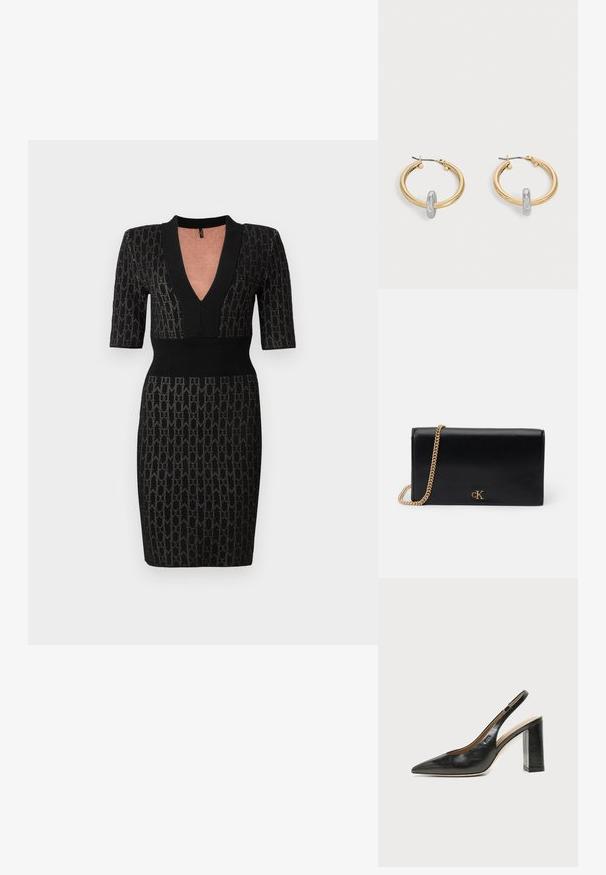 Zwarte gebreide jurk met een diepe V-hals, korte mouwen en een getailleerde bodice. Bevat een textuurpatroon en ribbelaccenten bij de halslijn en taille.; Zwarte leren slingback schoen met spits toelopend neusje, hoge blokhak en beige binnenvoering tegen een effen lichte achtergrond.; Paar goudkleurige creolen met kleine zilverkleurige lusdetail op elk, weergegeven tegen een lichtgrijze achtergrond.; Zwarte leren clutch met gouden kettingband, rechthoekige vorm, voorzien van een metalen logo aan de voorkant. Glad textuur, minimalistisch ontwerp.