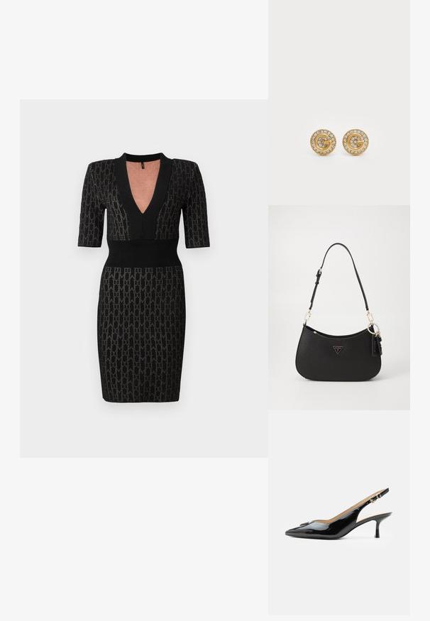 Zwarte gebreide jurk met een diepe V-hals, korte mouwen en een getailleerde bodice. Bevat een textuurpatroon en ribbelaccenten bij de halslijn en taille.; Zwarte lakleren slingback hak met spitse neus, kleine kittenhak en zilveren gespsluiting op een effen witte achtergrond.; Zwarte synthetische handtas met een gebogen vorm, gouden hardware en een driehoekig logo. Voorzien van een ritssluiting en een verstelbare schouderriem.; Gouden ronde stud oorbellen met een spiraalontwerp, versierd met heldere kristalaccenten rondom de rand en een centraal decoratief element.