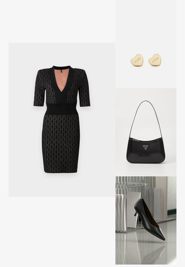 Schwarzes Strickkleid mit tiefem V-Ausschnitt, kurzen Ärmeln und tailliertem Oberteil. Verfügt über ein strukturiertes Muster und gerippte Akzente am Ausschnitt und der Taille.; Schwarzer Leder-Kitten-Heel-Schuh mit spitz zulaufender Spitze, der über einem grau gesprenkelten Boden schwebt, neben einem Metall-Ordnerhalter mit Ordnern.; Schwarze patentierte Leder-Schultertasche mit geschwungener Form, ausgestattet mit einem silbernen Dreieckslogo und einem Reißverschluss. Glatte Textur und schmaler Riemen.; Goldene herzförmige Ohrringe mit polierter Oberfläche, geprägt mit dem "GUESS"-Logo und glatter Textur. Einfaches Design, geeignet für verschiedene Anlässe.