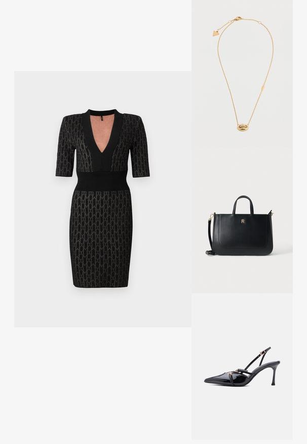 Sort strik kjole med dyb V-udskæring, korte ærmer og tætsiddende overdel. Har et struktureret mønster og ribbede detaljer ved udskæringen og taljen.; Sort laklæder spids tå slingback-hæl med tynde stropper og små spænder i guldton på en hvid baggrund.; Sort læderhåndtaske med en struktureret design, korte håndtag og en aftagelig skulderrem. Har et guld logo som accent på forsiden.; Fint guldkædehalskæde med ovalt vedhæng med små indlejrede krystaller og en trekantet charme nær låsen på en hvid baggrund.