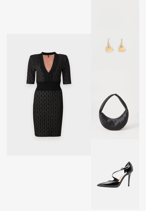 Zwarte gebreide jurk met een diepe V-hals, korte mouwen en een getailleerde bodice. Bevat een textuurpatroon en ribbelaccenten bij de halslijn en taille.; Zwarte lakleren pump met hoge hak, spitse neus en een dunne enkelriem die vastgemaakt is met een kleine gesp.; Zwarte satin handtas met een gebogen vorm, voorzien van een ritssluiting en een driehoekig metalen logo aan de voorkant. Gladde textuur en een slank ontwerp.; Oorringen in goudkleurige hartvorm met een glad oppervlak, rhinestone accenten en een getextureerd ringontwerp met "GUESS" gravure.
