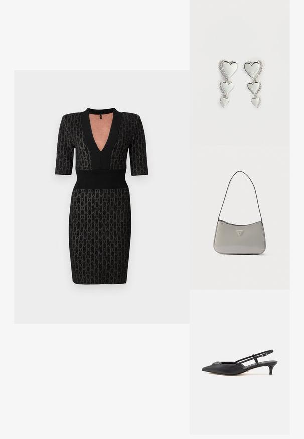 Schwarzes Strickkleid mit tiefem V-Ausschnitt, kurzen Ärmeln und tailliertem Oberteil. Verfügt über ein strukturiertes Muster und gerippte Akzente am Ausschnitt und der Taille.; Schwarze Slingback-Schuhe mit einer spitzen Zehe, aus glattem Material gefertigt, mit einem kleinen Absatz und einem dekorativen silbernen Akzent auf dem Blatt.; Graue Schultertasche aus Lackleder mit geschwungenem Design, schwarzem Besatz und silberner Logoplakette vorne. Verstellbarer Riemen für vielseitiges Tragen.; Silberne herzförmige Ohrringe mit drei herabfallenden Herzen, akzentuiert durch funkelnde Strasssteine. Reflektierende Oberfläche mit eingraviertem Markennamen.