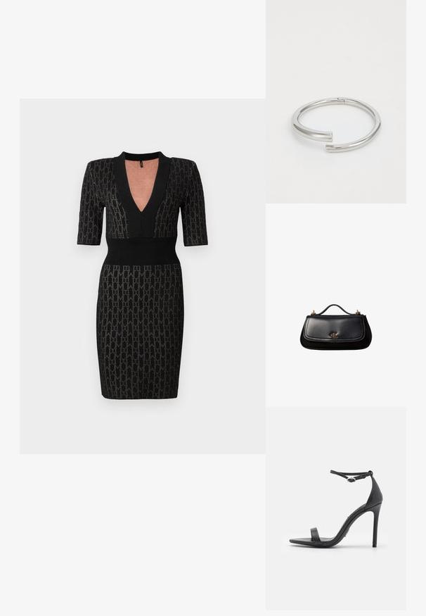 Schwarzes Strickkleid mit tiefem V-Ausschnitt, kurzen Ärmeln und tailliertem Oberteil. Verfügt über ein strukturiertes Muster und gerippte Akzente am Ausschnitt und der Taille.; Schwarze High Heels Sandalen mit offener Zehe, dünnen Riemen und Knöchelverschluss. Glatte Ledertextur mit spitzem Zehendesign.; Schwarze Lederhandtasche mit kleinem Griff, goldfarbenem "cK" Logo auf der Frontklappe und goldfarbenen Hardware-Akzenten.; Calvin Klein SPIRAL - Armband - silver-coloured