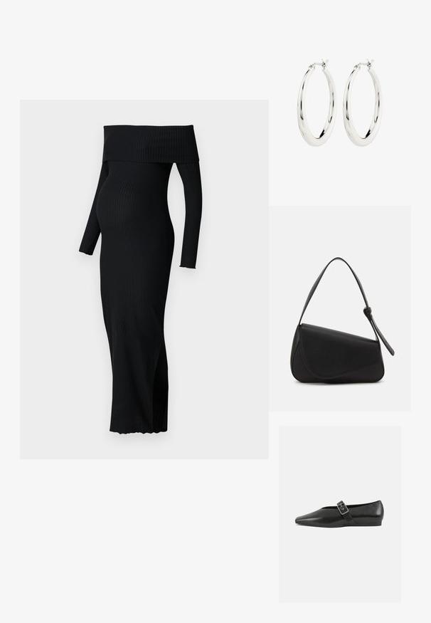 ONLY MATERNITY OLMESMERALDA DRESS - Jerseykleid - black; Schwarze Lederflachschuhe mit spitzem Zehenbereich, ausgestattet mit einem metallischen Riemen über dem Spann und einer niedrigen, flexiblen Sohle.; Schwarze Lederhandtasche mit dreieckiger Form, schrägem Klappdeckel und rundem Oberhandgriff. Verfügt über eine glatte Textur und minimalistische Designdetails.; Silberne Creolen mit einer glatten, glänzenden Oberfläche. Kreisform, ausgestattet mit einem sicheren Verschluss. Einfaches und elegantes Design.
