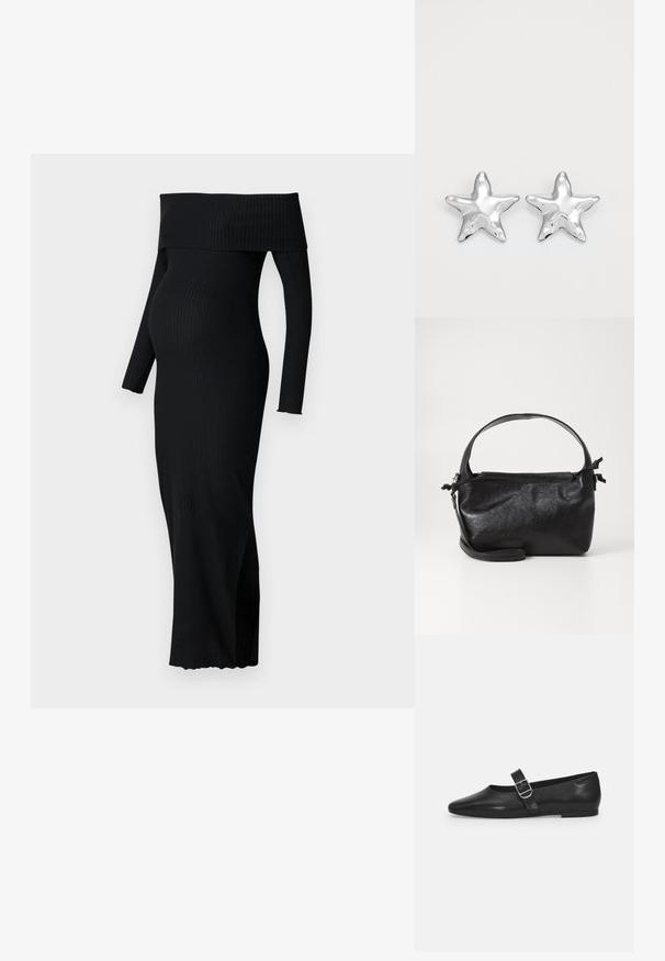 ONLY MATERNITY OLMESMERALDA DRESS - Trikotaažkleit - black; Must värvi nahast tasased kingad ümarate varvastega, ühe reguleeritava paelaga ja siledat, läikivat pinda. Minimalistlik disain madala kontsaga.; Must mustrikujundusega must nahast käekott, ümarate pealmiste käepidemete ja eemaldatava õlalihaga. Omab siledat tekstuuri ja peent sära.; Hõbedased tähtkujulised kõrvarõngad, millel on poleeritud, sile pind. Iga kõrvarõnga puhul on viie tipuga ja peene pindade tekstuuriga detailid.