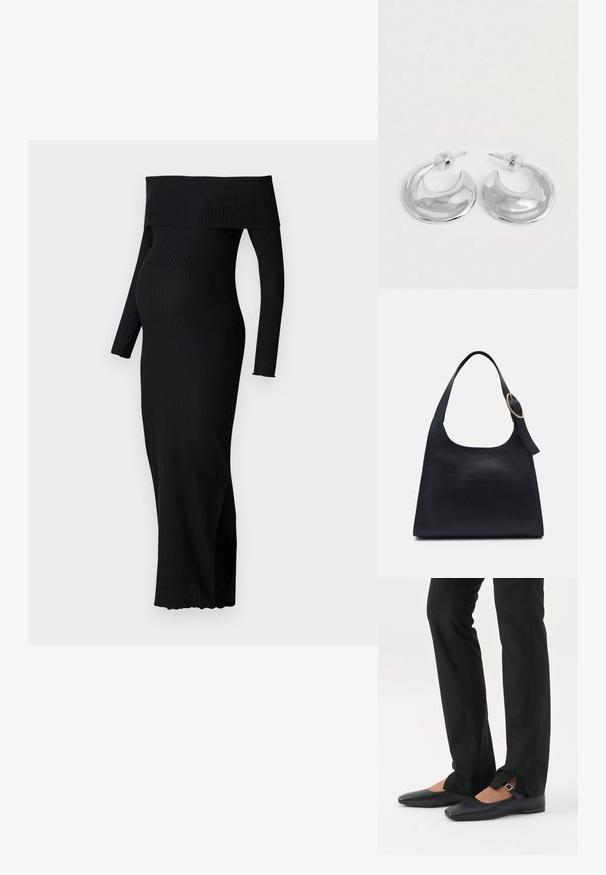ONLY MATERNITY OLMESMERALDA DRESS - Trikotaažkleit - black; Jalad, mis kannavad mustaid kitsaid pükse esiosal lõhikutega allääres, kombineeritud mustade lameda tallaga Mary Jane kingadega, millel on väike pandlakinnitusega rihm.; Must küllastunud nahk kantav kott siledast tekstuurist, ümar keha ja ühe õlavarre rihmaga, millel on ringikujuline kuldne metalldetail.; Paari poleeritud hõbedast kuusnurksete rõngaste kõrvarõngaid, selgete plastist tagustega valgel pinnal.