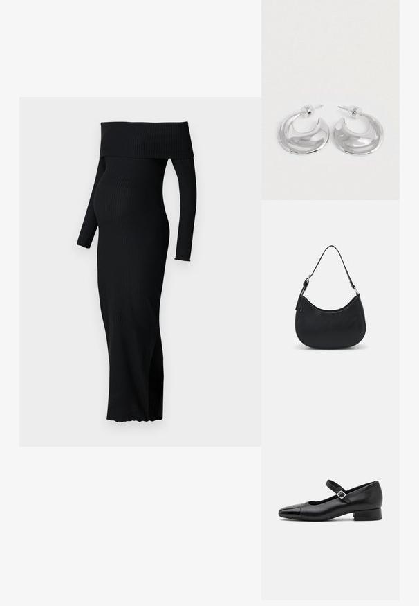 ONLY MATERNITY OLMESMERALDA DRESS - Jerseykleid - black; Schwarze Leder-Mary-Jane-Schuhe mit einer patentierten Zehenkappe, verstellbarem Knöchelriemen und niedrigem Blockabsatz. Glatte Textur und elegantes Design.; Schwarze Hobo-Tasche aus glattem Leder mit einer geschwungenen Silhouette, ausgestattet mit einem einzelnen verstellbaren Trageriemen und minimalistischem Design.; Ein Paar polierte silberne, halbmondförmige Creolen mit klaren Kunststoffrückseiten auf einer weißen Oberfläche.