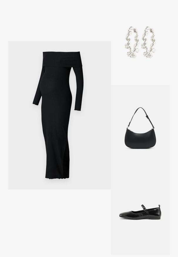 ONLY MATERNITY OLMESMERALDA DRESS - Džersejové šaty - black; Čierne lakované baleríny s špicatou špičkou, remienkom na členku so sponou a hladkým, lesklým povrchom. Nízky podpätok pre pohodlie.; Pieces PCALUANA SHOULDER BAG - Kabelka - black; Krútené strieborné náušnice v tvare kruhu so hladkým, reflexným povrchom a bezpečným zapínaním. Dizajn zdobí špirálový vzor pre zvýraznenie detailov.