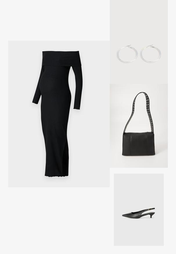 ONLY MATERNITY OLMESMERALDA DRESS - Jerseykleid - black; Schwarzer Slingback-Schuh mit spitzem Zehenbereich aus glattem Leder. Mit einem dünnen Absatz und einer dekorativen Schnalle am verstellbaren Riemen.; Schwarze Lederhandtasche in rechteckiger Form, mit einem durchgängigen Reißverschluss und einem gepunkteten Tragegurt. Glatte Textur, minimale Nähdetails.; Paar glänzende silberne Creolen mit dünnen Drahtverschlüssen, dargestellt vor einem hellgrauen Hintergrund.