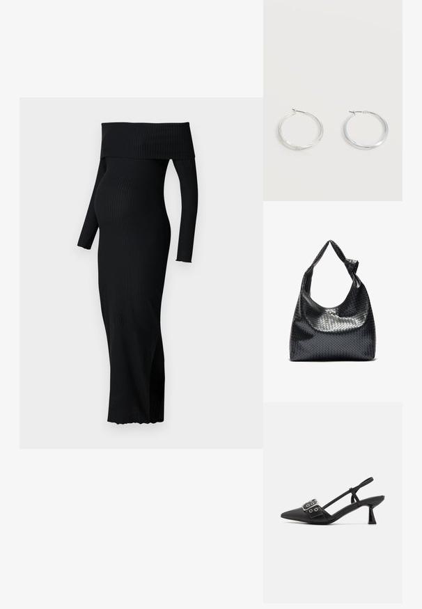 ONLY MATERNITY OLMESMERALDA DRESS - Džersejové šaty - black; Simmi London DALA - Klasické lodičky na opätku - black; Čierna tkaná kožená kabelka s voľným dizajnom, vybavená uzlovou rukoväťou a malým dekoratívnym zlatým nýtom na vrchu.; Strieborné kovové kruhové náušnice s hladkým, mierne zakriveným povrchom a zapínaním na poistku na jednoduchom bielom pozadí.