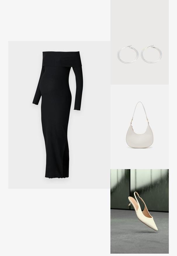 ONLY MATERNITY OLMESMERALDA DRESS - Trikotaažkleit - black; Beežikatusega naiste sling-kingaga madala kassikandaga king, mis hõljub halli põranda kohal uduse tumeda tausta ees.; Kreemi nahast õlavarre kott, millel on poolkuu kuju, peen rihm ja diskreetne õmblusdetail. Minimalistlik disain kuldse tooni metallosadega.; Paari läikiva hõbedase rõngaskujulise kõrvarõngastega, millel on õhukesed traatlukkud, kuvatud heleda halli taustal.