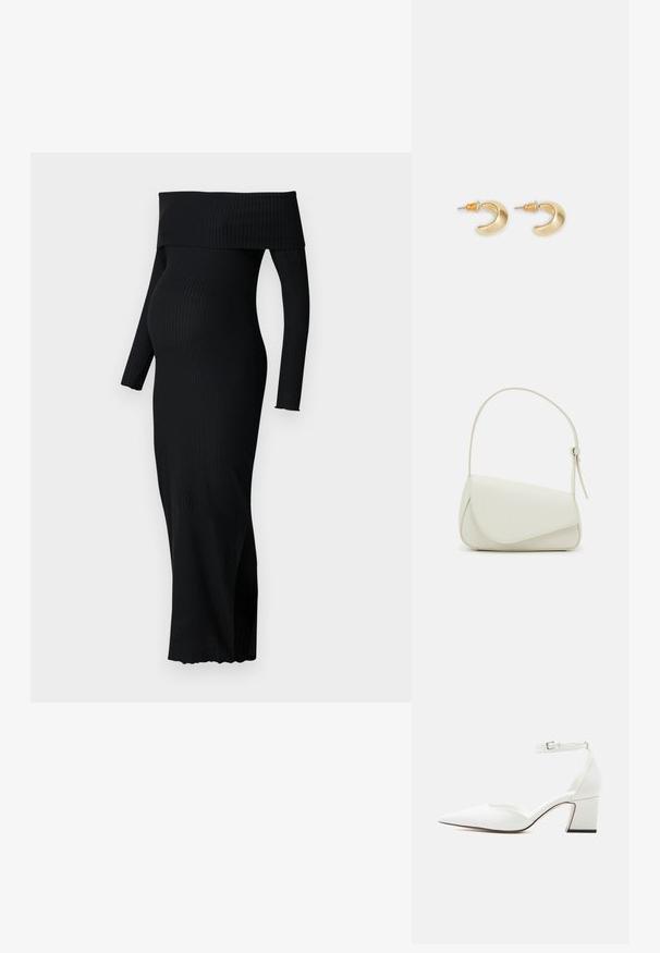 ONLY MATERNITY OLMESMERALDA DRESS - Trikotaažkleit - black; Valge terava ninaga keskmise kontsaga king nahast pahkluu rihma ja pandlaga, sile viimistlus ja paks konts ühtlasel heledal taustal.; Valge kunstnahast käekott, millel on struktureeritud kolmnurkne kuju, üks reguleeritav rihm ja kõverjooneline klapp.; Kuldne kuu kujuline kõrvarõngas sileda pinnaga, millel on oranžid aktsendid postide lähedal ja hõbedane riistvara.