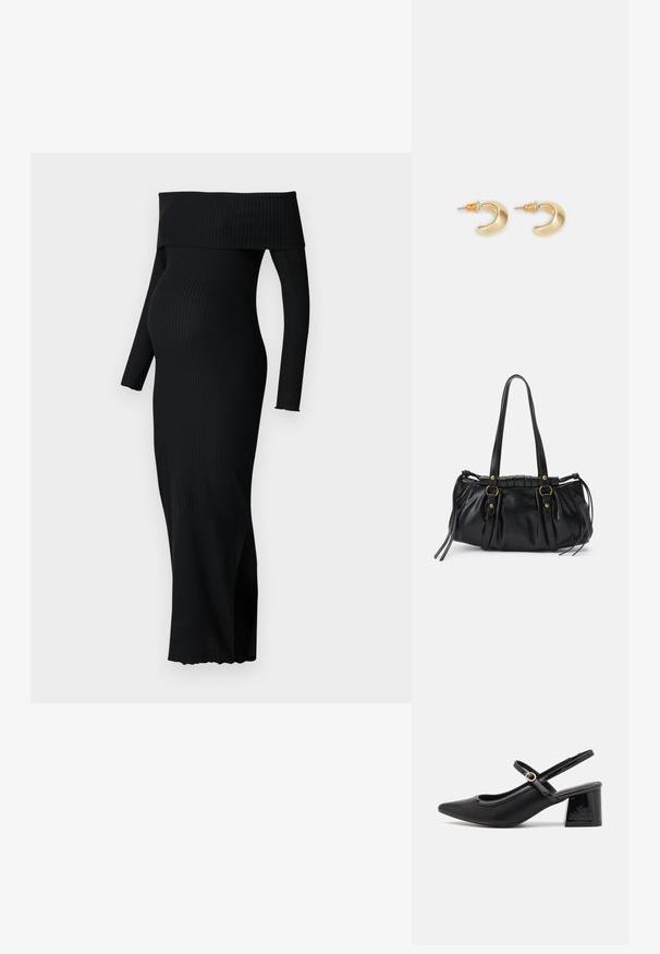 ONLY MATERNITY OLMESMERALDA DRESS - Jerseykleid - black; Schwarze Lackleder-Slingback-Absätze mit spitzer Zehenform, einem runden Ausschnitt-Design und einem Blockabsatz. Mit einem goldfarbenen Schnallenakzent.; Schwarze Lederhandtasche mit runder Form, doppelten Griffen, dekorativen Hardware-Details und seitlichen Bindebändern. Glatte, glänzende Textur.; Goldene, mondförmige Ohrringe mit glatter Oberfläche, die orangefarbene Akzente nahe dem Stecker und silberne Beschläge aufweisen.