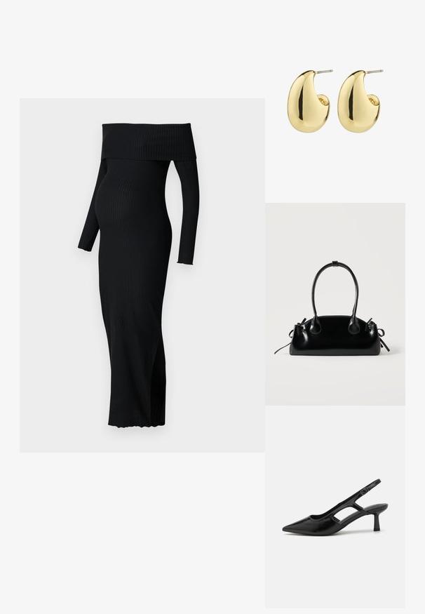 ONLY MATERNITY OLMESMERALDA DRESS - Trikotaažkleit - black; Mustad musta värvi slingback kontsakingad terava ninaga, valmistatud läikivast materjalist, millel on lõikeaktsendid ja mõõdukas konts toestamise jaoks.; Väike must läikiv käekott kahe pika sangaga ja külgedel paelakinnitustega, ühel lihtsal helel taustal.; Kuldsetes toonides käevõruga kõrvarõngad, millel on sile, poleeritud pind ja abstraktne, tilgakujuline kuju. Lihtne metallpostiga kinnitus.
