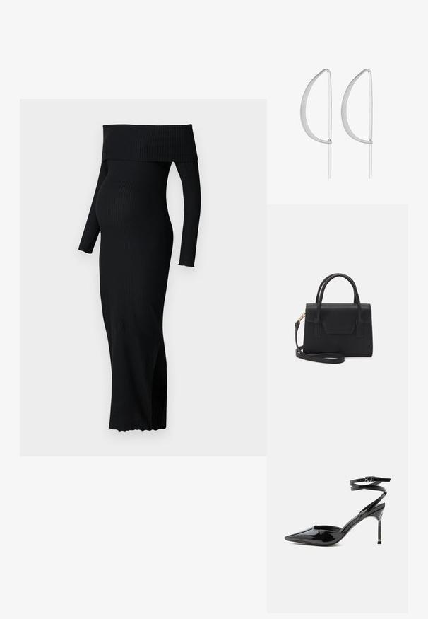 ONLY MATERNITY OLMESMERALDA DRESS - Vestido ligero - black; Tacón stiletto de charol negro con punta puntiaguda, tiras finas en el tobillo y cierre pequeño de hebilla.; Bolso estructurado negro de cuero con un asa superior, correa de hombro desmontable y un detalle de tapa en la parte frontal. Acentos en dorado.; Pendientes de metal plateado con un diseño curvado minimalista, que presentan formas de lágrima abiertas y alargadas con un acabado mate.
