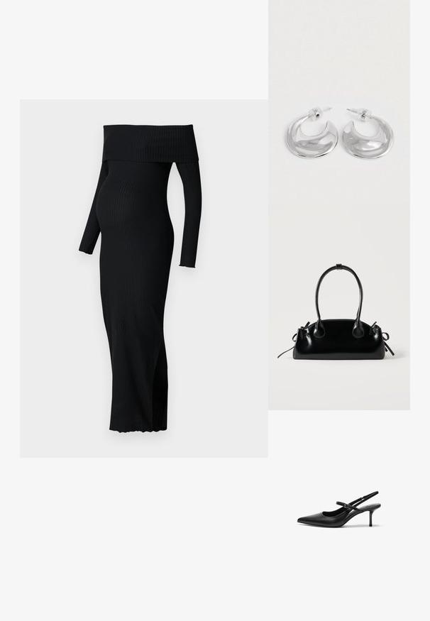 ONLY MATERNITY OLMESMERALDA DRESS - Džersejové šaty - black; Čierne kožené sandále na podpätku s ostrou špičkou, štíhlym nastaviteľným popruhom a približne 5 cm vysokým stiletto podpätkom, hladká textura.; Malá čierna lesklá kabelka s dvoma dlhými rúčkami a bočnými šnúrkovými detailmi na jednoduchom svetlom pozadí.; Pár lesklých strieborných náušníc v tvare polkruhu s priehľadnými plastovými zátkami na bielom povrchu.