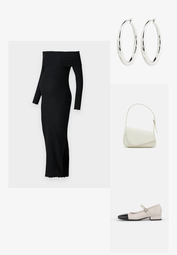 ONLY MATERNITY OLMESMERALDA DRESS - Džersejové šaty - black; Topánky v štýle Mary Jane z krémovej kože s čiernym lakovaným prstom. Majú okrúhlu špičku, členkový remienok so štvorcovou prackou a nízky blokový podpätok.; Biela kabelka z umelého kože so štruktúrovaným trojuholníkovým tvarom, jedným nastaviteľným popruhom a prekrytím so zakriveným akcentom.; Strieborné kruhové náušnice s hladkým, reflexným povrchom. Guľatý, veľký tvar s bezpečným zapínaním na vrchu. Lesklý povrch ukazuje žiaru.