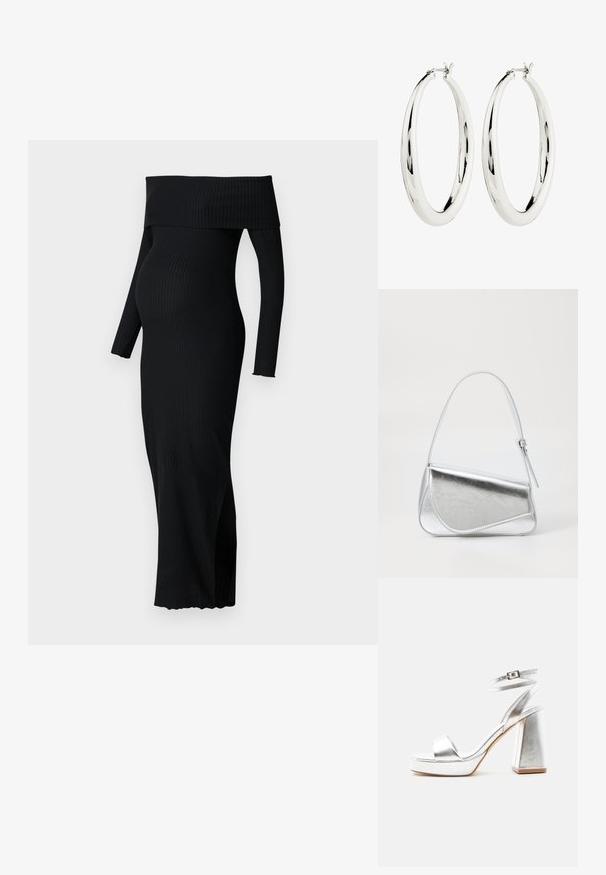 ONLY MATERNITY OLMESMERALDA DRESS - Jerseykleid - black; Silberne metallic High-Heel-Sandale mit Knöchelriemen, Blockabsatz und offenem Zehenbereich auf einfachem hellem Hintergrund.; Silberfarbene metallische Handtasche mit dreieckiger Form, glatter Textur und einem dünnen, verstellbaren Schultergurt. Sie verfügt über ein umklappbares Design mit Nähten.; Silberne Creolen mit einer glatten, reflektierenden Oberfläche. Runde, große Form mit einem sicheren Verschluss an der Oberseite. Polierte Oberfläche betont den Glanz.