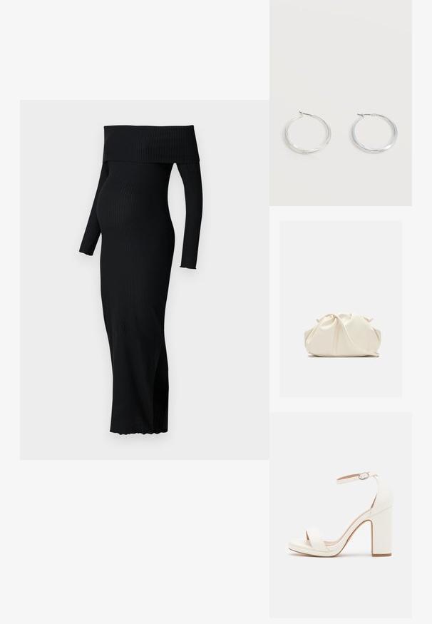 ONLY MATERNITY OLMESMERALDA DRESS - Trikotaažkleit - black; Valged kõrge kontsaga sandaalid, millel on pahkluu rihm, minimalistlik disain, avatud varvas, plokknina ja sile nahk tekstuur.; Pehme kergelt kreemikas nahast klapi-tüüpi kott kokkutõmmatud volditud disainiga ning õhuke õlarihm ees rahuldaval taustal.; Hõbedased metallist rõngakujulised kõrvarõngad, millel on sile, kergelt kaarduv pind ja lukustuvad tagused kinnitused, valgel taustal.