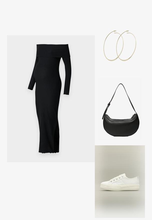 ONLY MATERNITY OLMESMERALDA DRESS - Jerseykleid - black; Weißer Sneaker mit niedrigem Schaft, dicker gerippter Sohle, Schnürung vorne und Zuglasche an der Ferse vor neutralem Hintergrund.; Schwarze, halbmondförmige Lederschultertasche mit langem, verstellbarem Riemen und Reißverschluss oben.; Pilgrim Ohrringe - gold-coloured