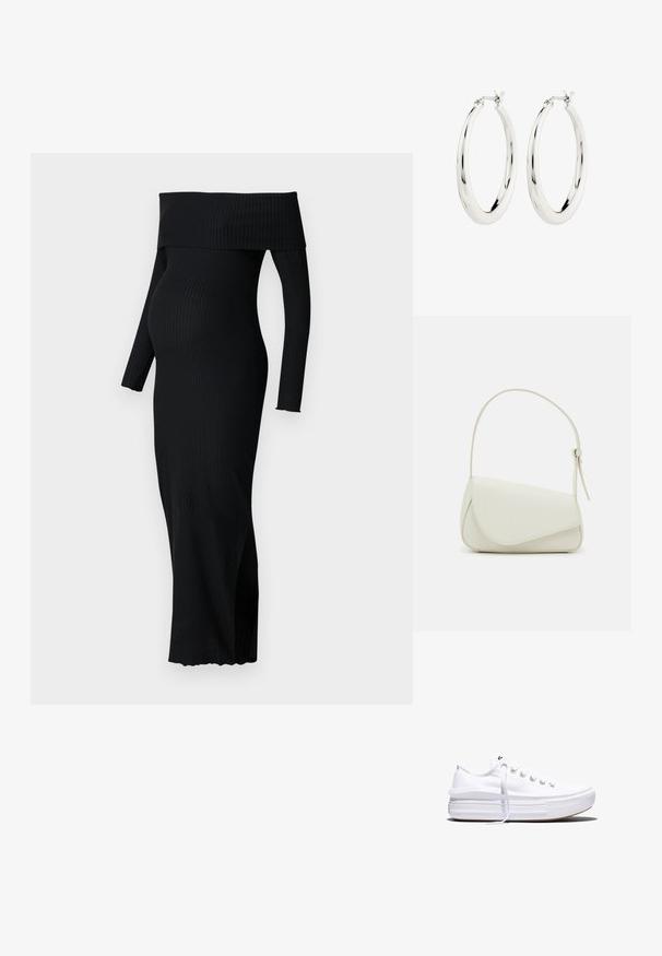 ONLY MATERNITY OLMESMERALDA DRESS - Jerseykleid - black; Weißer Canvas-Sneaker mit niedrigem Schnitt, dicker Plateau-Sohle, vorderer Schnürung und rauer Gummikappe an der Spitze, aus seitlicher Ansicht gezeigt.; Weiße Kunstleder-Handtasche mit einer strukturierten dreieckigen Form, einem verstellbaren Einzelgurt und einem Klappenverschluss mit geschwungenen Akzenten.; Silberne Creolen mit einer glatten, glänzenden Oberfläche. Kreisform, ausgestattet mit einem sicheren Verschluss. Einfaches und elegantes Design.