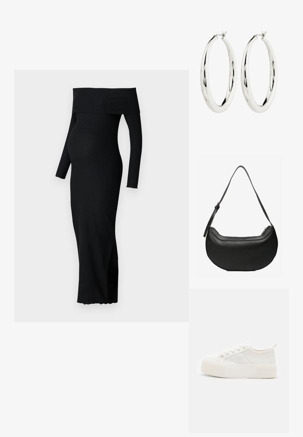 ONLY MATERNITY OLMESMERALDA DRESS - Trikotaažkleit - black; Valged kanvas spordijalatsid, millel on tekstureeritud ja paks tald, lame nöörimine, külgstriibid ning kandmiseks mugavuse tagamiseks kanna peal silt.; Mustast nahast poolkuukujuline õlakott pika reguleeritava rihma ja ülemise tõmblukuga sulgemisega.; Hõbedased rõngasKõrvarõngad, millel on sile ja peegeldav pind. Ümara, suure kujuga ja ülemises osas turvalise klambriga. Poleeritud viimistlus toob esile sära.