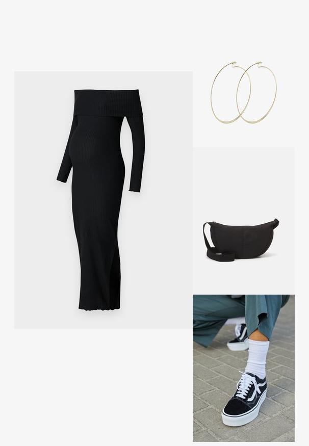 ONLY MATERNITY OLMESMERALDA DRESS - Džersejové šaty - black; Čierne semišové tenisky s bielymi akcentmi a šnúrkami, s hrubou bielou podrážkou a kontrastným prešívaním, doplnené o bielu ponožku.; Čierna ramenná taška s guľatým siluetom. Vyrobená z textúrovaného materiálu, s uzatváraním na zips a tkaným popruhom. Jednoduchý, minimalistický dizajn.; Pilgrim Náušnice - gold-coloured