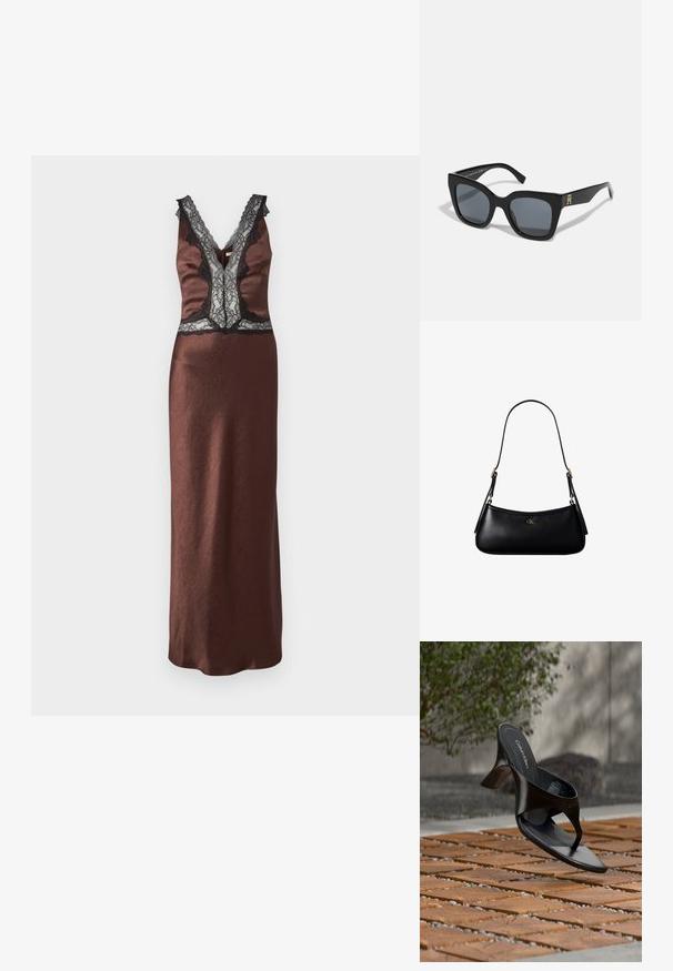 Robe en satin marron avec un décolleté en V, des détails en dentelle noire et une silhouette droite. Présente des accents en dentelle au niveau des épaules.; Sandale à talon noire Calvin Klein en forme de tongs flottant au-dessus d'une surface extérieure carrelée avec de la verdure et un mur en béton en arrière-plan.; Lunettes de soleil noires au design carré audacieux, avec des verres sombres et un accent de logo doré sur une branche. Fabriquées en plastique brillant.; Mini sac à bandoulière en cuir noir avec une fine bandoulière et un petit logo CK doré au centre avant.