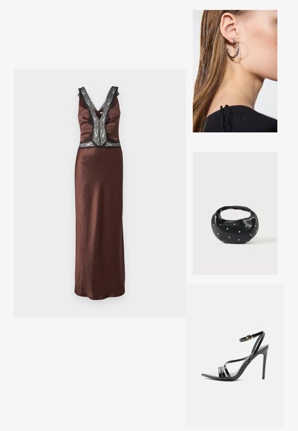 Robe en satin marron avec un décolleté en V, des détails en dentelle noire et une silhouette droite. Présente des accents en dentelle au niveau des épaules.; Sandale noire à talon haut avec de fines brides sur les orteils et la cheville, avec une boucle dorée sur un talon aiguille élancé.; Sac à main en cuir noir de forme arrondie, décoré de clous argentés et équipé d'une poignée courte. Texture lisse et fermeture éclair.; Boucle d'oreille en argent avec une finition polie, présentant de petits détails en or et de forme ronde, portée sur le lobe.