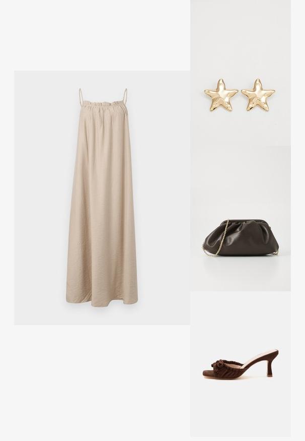 Robe maxi beige avec de fines bretelles spaghetti, encolure élastique froncée, fabriquée en tissu texturé doux, et silhouette A-line longueur au sol.; Mule en daim marron à bout ouvert avec une bride avant froncée et un talon fin de hauteur moyenne sur un fond uni.; Sac à main en cuir marron avec un design froncé, une bandoulière en chaîne dorée et une finition douce et texturée. Sa forme compacte est idéale pour une utilisation en soirée.; Boucles d'oreilles en forme d'étoile dorée avec une finition lisse et brillante et un design tridimensionnel, comportant cinq pointes et une texture légèrement incurvée.