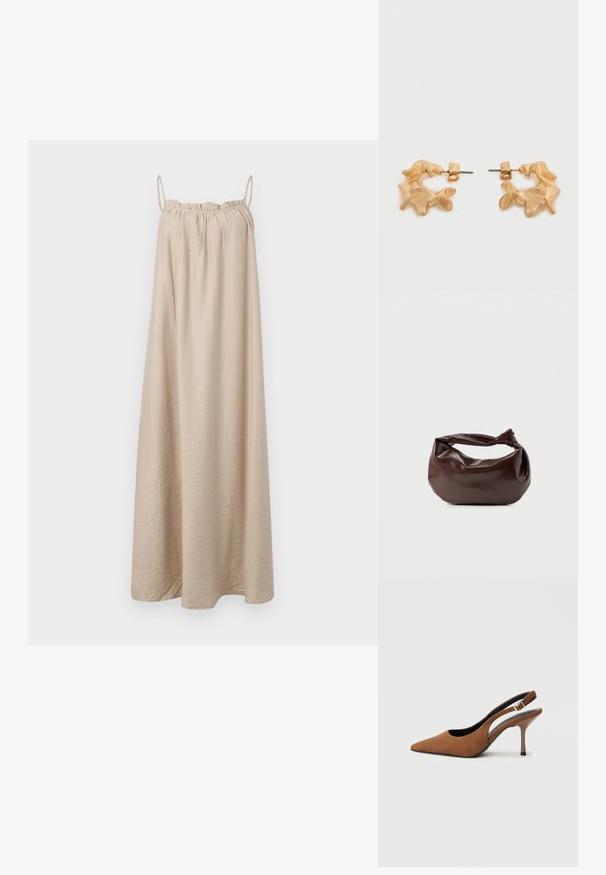 Beige maxijurk met dunne spaghettibandjes, geplooide elastische halslijn, gemaakt van zachte, gestructureerde stof, en een vloerlange A-lijn silhouet.; Bruine suède slingback-hakken met een puntige neus, een dunne naaldhak en een gespsluiting op de riem. Getextureerde afwerking.; Donkerbruine leren schoudertas met een zachte, slungelige vorm en een gedraaide knoopvormige handgreep op een effen witte achtergrond.; Oorbellen in goudkleur met een abstracte, organische vorm, voorzien van een gestructureerd oppervlak en een sluiting met oorstekers.