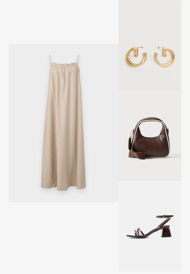 Robe maxi beige avec de fines bretelles spaghetti, encolure élastique froncée, fabriquée en tissu texturé doux, et silhouette A-line longueur au sol.; Sandale en cuir verni marron foncé avec talon bloc, bride à la cheville avec boucle et deux fines lanières sur les orteils sur fond blanc.; Sac à main en cuir tressé marron avec passepoil blanc, fermeture éclair dorée et bandoulière amovible en tissu marron.; Paire de boucles d'oreilles créoles doubles en or brillant avec attaches à tige sur fond blanc.
