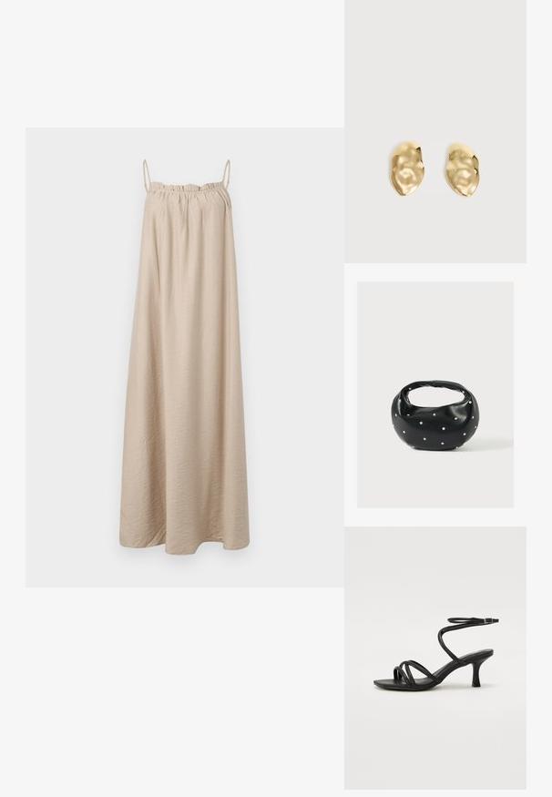 Beez maxi kleit peenikeste spagetti rihmadega, kogutud elastne krae, valmistatud pehmest tekstureeritud kangast ning põrandani ulatuva A-liini siluett.; Even&Odd Wide Fit Sandaalid - black; Mustast nahast ümmarguse kujuga käekott, kaunistatud hõbedaste naeladega, lühikese sangaga. Sile tekstuur ja tõmblukuga sulgemine.; Paari läikivaid, ebakorrapärase kujuga kuldse metalliga kõrvarõngaid kortsus, sileda pinnaga tavalise heleda taustal.