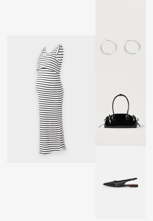 Stribet graviditetskjole i sort og hvid, ærmeløs design med en tætsiddende silhuet og sideslogan, lavet af ribbestrikket stof.; Sorte læder slingback sko med spidse tæer, subtil glans og justerbar ankelrem. Flad hæl med en brun indersål.; Lille sort blank håndtaske med to lange håndtag og snøre-detaljer i siden på en ensfarvet lys baggrund.; Sølvfarvede metaloorringe med glat, let buet overflade og låsemekanisme på en ensfarvet hvid baggrund.