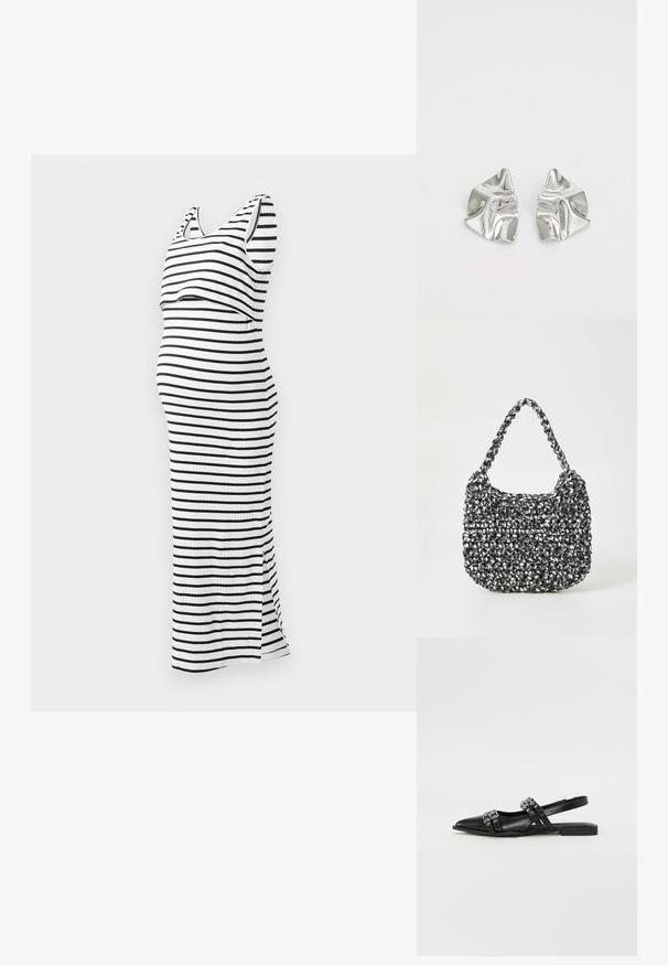 Gestreepte zwangerschapsjurk in zwart en wit, mouwloos ontwerp met een aansluitende silhouet en zijsplit, gemaakt van ribstof.; Even&Odd by Zalando Slingback ballerina´s - black; Geweven handtas in zwart en wit met een ronde vorm, gestructureerd oppervlak en een gevlochten handvat. Geschikt voor dagelijks gebruik.; Zilveren metalen oorbellen met een golvend, sculpturaal ontwerp, voorzien van een gepolijste afwerking en onregelmatige vormen, die een hedendaagse esthetiek benadrukken.