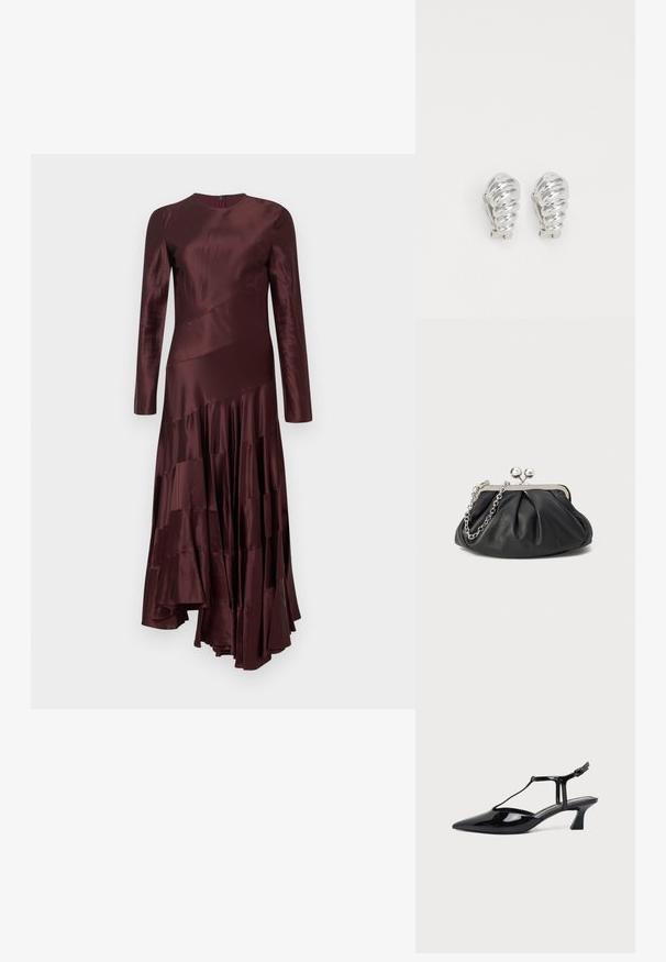 Robe en satin bordeaux à manches longues et encolure ronde, avec un ourlet à volants asymétrique et un design de panneaux diagonaux.; Chaussure slingback en cuir verni noir à bout pointu avec bride en T et petit talon bloc incliné sur fond blanc.; Porte-monnaie en cuir noir avec texture froncée, cadre en métal argenté, fermeture à verrouillage kiss-lock et bandoulière en chaîne. Surface lisse et douce.; Boucles d'oreilles en clip argentées avec un design en spirale, présentant une texture métallique lisse et des formes arrondies. Pas d'embellissements ou de motifs visibles.