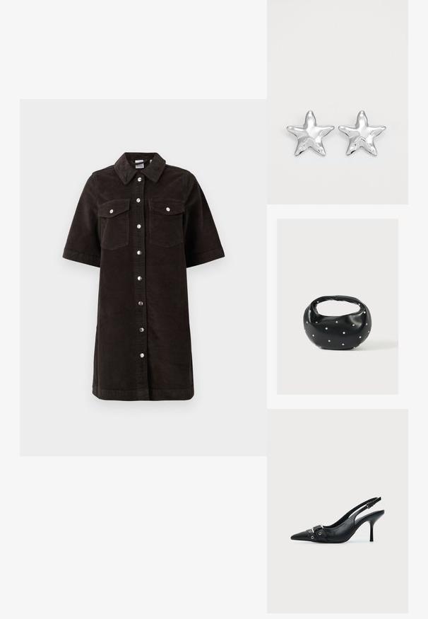 Must mustriga sviiterkleit kaelusega, lühikeste varrukatega ja kahe rinnaTaskuga. Ees on hõbedased nupud ja sirge lõige.; Mustast nahast terava ninaga kõrge kontsaga slingback-stiilis king, ees pandla ja silmusega rihma detailiga.; Mustast nahast ümmarguse kujuga käekott, kaunistatud hõbedaste naeladega, lühikese sangaga. Sile tekstuur ja tõmblukuga sulgemine.; Hõbedased tähtkujulised kõrvarõngad, millel on poleeritud, sile pind. Iga kõrvarõnga puhul on viie tipuga ja peene pindade tekstuuriga detailid.