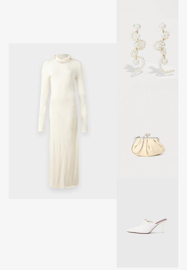 Robe à manches longues de couleur crème fabriquée à partir d'un tissu doux. Présente un col montant et une silhouette ajustée avec un détail de fronces sur les côtés.; Mules blanches à bout pointu, texture plissée sur le dessus, et talon stiletto fin. Surface lisse et design minimaliste.; Pochette en cuir beige plissé avec un cadre en métal argenté, dotée de deux fermoirs ronds décoratifs et d'une chaîne en argent.; Boucles d'oreilles en perles blanches avec un design torsadé, mettant en valeur des perles de tailles variées et des accents dorés. Texture lisse et forme élégante.