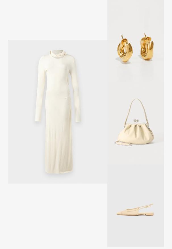 Robe à manches longues de couleur crème fabriquée à partir d'un tissu doux. Présente un col montant et une silhouette ajustée avec un détail de fronces sur les côtés.; Chaussure plate slingback en beige clair avec une tige en maille, un bout pointu et un petit talon. Dotée d'une sangle ajustable pour un bon maintien.; Sac à main en cuir souple couleur crème avec un design froncé, fermoir cadre argenté, poignée courte et bandoulière chaîne amovible.; Boucles d'oreilles créoles en or massif avec un design tubulaire légèrement tordu et des fermoirs à tige sur un fond blanc.