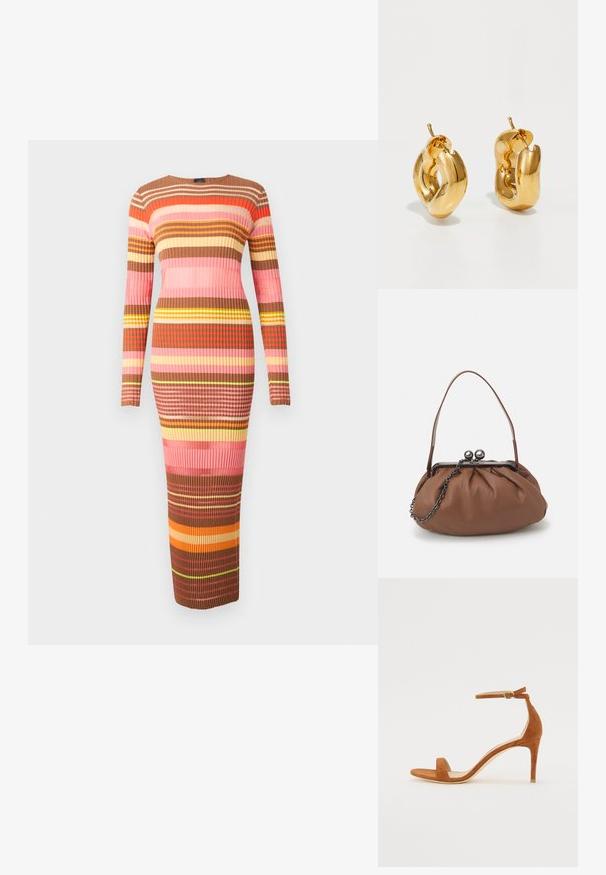 Vestido midi de punto con manga larga, que presenta rayas horizontales en tonos de marrón, rosa y amarillo. Textura acanalada en todo el vestido.; Sandal de tacón alto de ante marrón con una delgada correa en el tobillo y una hebilla dorada, puntera abierta y un diseño elegante y minimalista.; Bolso de cuero marrón con un diseño gather, una asa corta de cuero y una correa de cadena. Presenta un cierre de metal plateado con dos acentos redondos.; Pendientes de aro grueso en oro con un diseño tubular ligeramente retorcido y cierre de presión, sobre un fondo blanco.