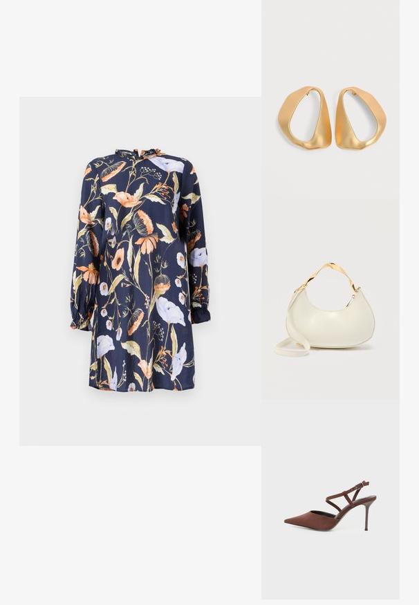 Vestido floral de tejido azul marino con escote redondo. Presenta mangas largas con puños elásticos, adornados con patrones de flores en naranja y blanco.; Zapato de tacón alto marrón con punta afilada, tiras delgadas en el tobillo y una pequeña hebilla sobre un fondo claro.; Bolso en forma de media luna de color crema con asa corta brillante dorada y correa larga a juego sobre un fondo liso y claro.; Par de pendientes de aro dorados irregulares y asimétricos con acabado suave y mate sobre fondo neutro.