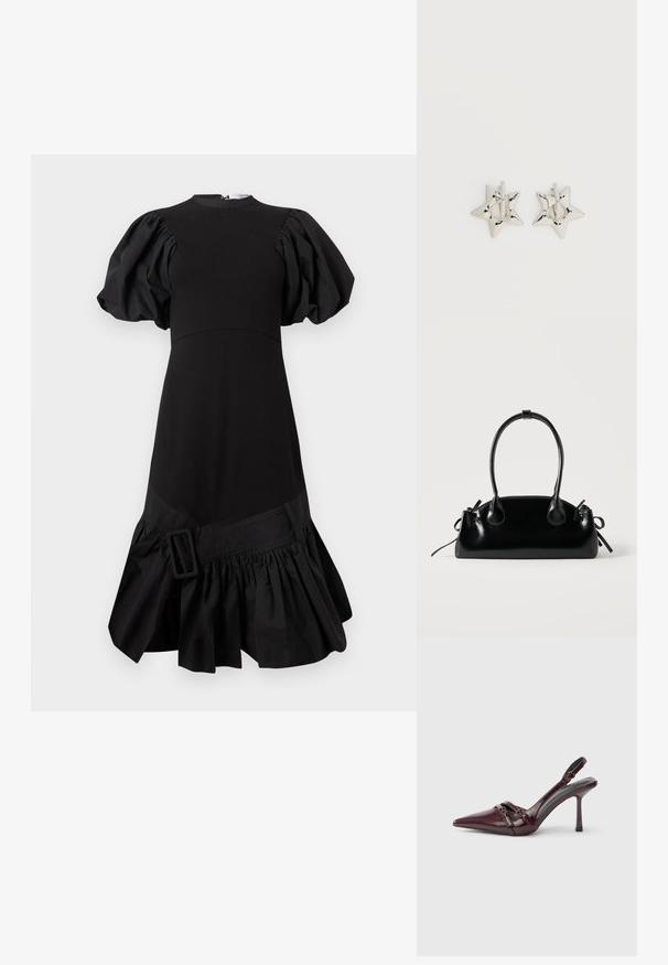 Robe noire avec manches bouffantes, corsage structuré et ourlet froncé à volants. Présente un accent de boucle latérale à la taille. Fabriquée en tissu lisse.; Escarpin slingback en cuir verni bordeaux avec bout pointu, fine bride à la cheville et petit détail décoratif de boucle. Texture lisse et talon haut.; Petit sac à main noir brillant avec deux longues anses et des détails à cordon sur les côtés sur un fond clair uni.; Boucles d’oreilles créoles en forme d’étoile argentée avec une finition lisse et polie sur un fond blanc uni.