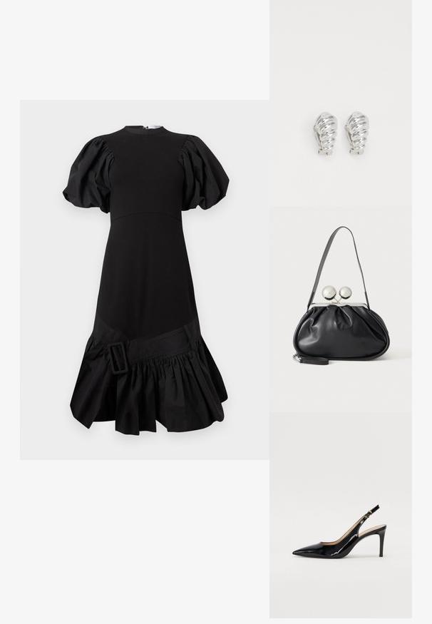 Robe noire avec manches bouffantes, corsage structuré et ourlet froncé à volants. Présente un accent de boucle latérale à la taille. Fabriquée en tissu lisse.; Pompe slingback en cuir verni noir avec un bout pointu, un talon fin et un design de découpes subtil. Elle dispose d'une boucle dorée sur la sangle.; Sac à main en cuir noir avec un design plissé, une sangle unique, un cadre métallique argenté et deux grandes fermoirs ronds en argent.; Boucles d'oreilles en clip argentées avec un design en spirale, présentant une texture métallique lisse et des formes arrondies. Pas d'embellissements ou de motifs visibles.