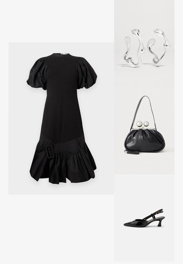 Robe noire avec manches bouffantes, corsage structuré et ourlet froncé à volants. Présente un accent de boucle latérale à la taille. Fabriquée en tissu lisse.; Chaussure slingback en cuir verni noir à petit talon, bout pointu et bride réglable avec boucle dorée sur fond blanc.; Sac à main en cuir noir avec un design plissé, une sangle unique, un cadre métallique argenté et deux grandes fermoirs ronds en argent.; Boucles d'oreilles créoles ondulées abstraites en ton argent avec une surface lisse et réfléchissante et des formes organiques irrégulières.
