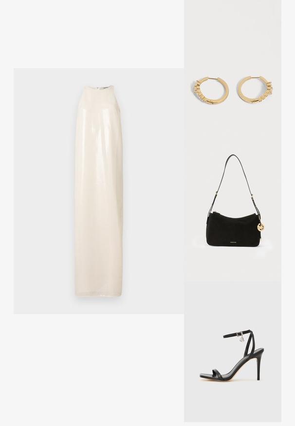 Robe longue sans manches en matière brillante de couleur blanc cassé, avec un col montant et une silhouette droite, présentant une texture subtilement nacrée.; Sandale à talon haut noire avec une bride étroite à la cheville, bout carré, cuir lisse et accent de boucle métallique.; Sac d'épaule noir Michael Kors avec pendentif logo en or, sangle réglable et fermeture éclair sur fond blanc uni.; Paire de petites boucles d'oreilles créoles en or avec des pierres précieuses transparentes rectangulaires et rondes serties le long du bord extérieur sur un fond blanc.