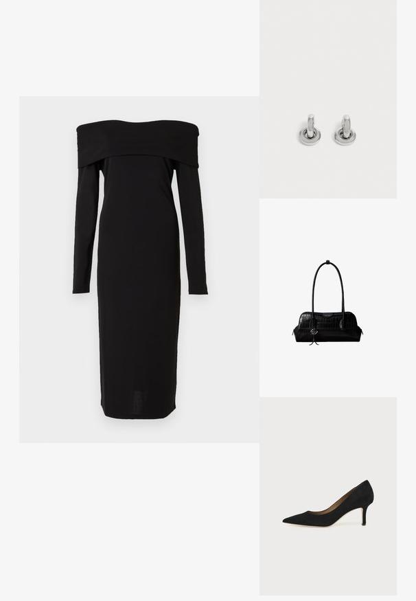 Robe noire décolletée avec des manches longues, design ajusté et longueur midi. Texture lisse avec un col haut et des détails minimalistes.; Escarpin en daim noir à bout pointu avec un talon stiletto fin de hauteur moyenne et un design à coupe basse sur un fond uni.; Sac à épaule en cuir noir à texture crocodile, avec de longues sangles et un petit charm logo argenté sur une sangle.; Paire de petites boucles d'oreilles créoles argentées brillantes avec une base ronde, présentées sur un fond clair uni.