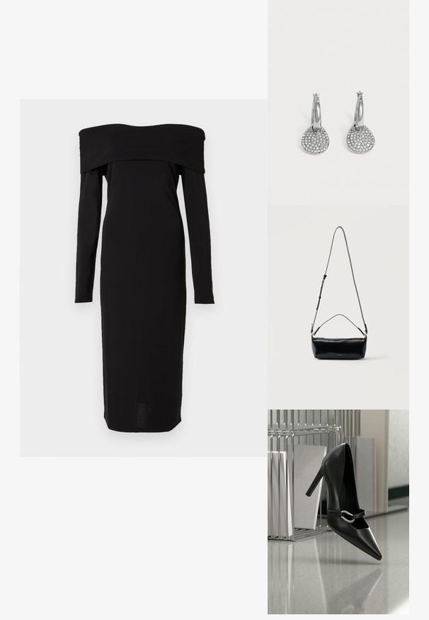 Robe noire décolletée avec des manches longues, design ajusté et longueur midi. Texture lisse avec un col haut et des détails minimalistes.; Chaussure à talon haut noire pointue avec une bride à boucle argentée, placée sur une surface réfléchissante près d’un organiseur métallique contenant des papiers.; Sac bandoulière rectangulaire en cuir noir avec bandoulière ajustable, fermeture éclair sur le dessus et petit logo Calvin Klein doré sur le devant.; Boucles d'oreilles créoles en argent avec des pendentifs ronds et plats incrustés de petits cristaux clairs sur un fond clair uni.