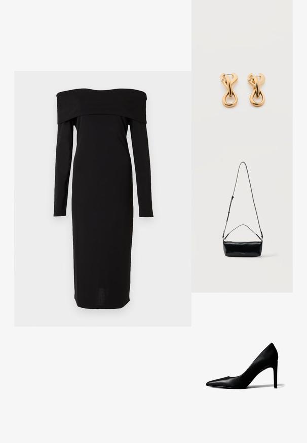 Robe noire décolletée avec des manches longues, design ajusté et longueur midi. Texture lisse avec un col haut et des détails minimalistes.; Chaussure à talon haut en cuir noir à bout pointu avec un talon aigu fin sur fond blanc.; Sac bandoulière rectangulaire en cuir noir avec bandoulière ajustable, fermeture éclair sur le dessus et petit logo Calvin Klein doré sur le devant.; Paire de boucles d'oreilles créoles en bouclettes dorées brillantes sur fond blanc uni, présentant un design torsadé entrelacé.